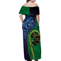 New Zealand Matariki Fern Frond Koru Off Shoulder Maxi Dress with Galaxy Blue Sky and Green Paua Shell Art LT03 - Polynesian Pride