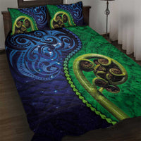 New Zealand Matariki Fern Frond Koru Quilt Bed Set with Galaxy Blue Sky and Green Paua Shell Art LT03 Blue - Polynesian Pride