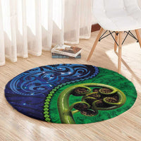New Zealand Matariki Fern Frond Koru Round Carpet with Galaxy Blue Sky and Green Paua Shell Art LT03 - Polynesian Pride