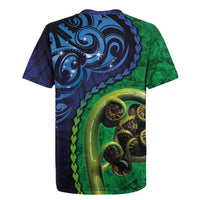 New Zealand Matariki Fern Frond Koru Rugby Jersey with Galaxy Blue Sky and Green Paua Shell Art LT03 - Polynesian Pride
