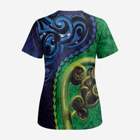 New Zealand Matariki Fern Frond Koru Scrub Top with Galaxy Blue Sky and Green Paua Shell Art LT03 - Polynesian Pride