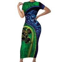 New Zealand Matariki Fern Frond Koru Short Sleeve Bodycon Dress with Galaxy Blue Sky and Green Paua Shell Art LT03 Long Dress Blue - Polynesian Pride