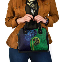 New Zealand Matariki Fern Frond Koru Shoulder Handbag with Galaxy Blue Sky and Green Paua Shell Art LT03 - Polynesian Pride