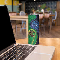 New Zealand Matariki Fern Frond Koru Skinny Tumbler with Galaxy Blue Sky and Green Paua Shell Art LT03 - Polynesian Pride