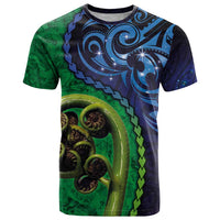 New Zealand Matariki Fern Frond Koru T Shirt with Galaxy Blue Sky and Green Paua Shell Art LT03 Blue - Polynesian Pride