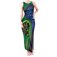 New Zealand Matariki Fern Frond Koru Tank Maxi Dress with Galaxy Blue Sky and Green Paua Shell Art LT03 Women Blue - Polynesian Pride