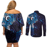 Matariki New Zealand Maori Koru Art Tattoo Couples Matching Off Shoulder Short Dress and Long Sleeve Button Shirt New Year Galaxy Blue Sky Style LT03 - Polynesian Pride
