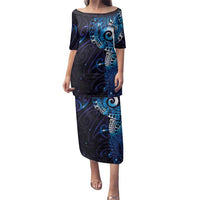 Matariki New Zealand Maori Koru Art Tattoo Family Matching Puletasi and Hawaiian Shirt New Year Galaxy Blue Sky Style LT03 Mom's Dress Blue - Polynesian Pride