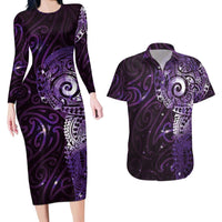 Matariki New Zealand Maori Koru Art Tattoo Couples Matching Long Sleeve Bodycon Dress and Hawaiian Shirt New Year Galaxy Purple Sky Style LT03 Purple - Polynesian Pride