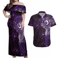 Matariki New Zealand Maori Koru Art Tattoo Couples Matching Off Shoulder Maxi Dress and Hawaiian Shirt New Year Galaxy Purple Sky Style LT03 Purple - Polynesian Pride