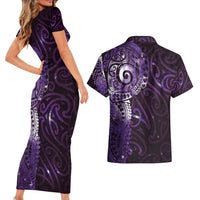 Matariki New Zealand Maori Koru Art Tattoo Couples Matching Short Sleeve Bodycon Dress and Hawaiian Shirt New Year Galaxy Purple Sky Style LT03 - Polynesian Pride