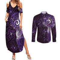Matariki New Zealand Maori Koru Art Tattoo Couples Matching Summer Maxi Dress and Long Sleeve Button Shirt New Year Galaxy Purple Sky Style LT03 Purple - Polynesian Pride