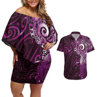 Matariki New Zealand Maori Koru Art Tattoo Couples Matching Off Shoulder Short Dress and Hawaiian Shirt New Year Galaxy Pink Sky Style LT03 Pink - Polynesian Pride