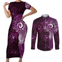Matariki New Zealand Maori Koru Art Tattoo Couples Matching Short Sleeve Bodycon Dress and Long Sleeve Button Shirt New Year Galaxy Pink Sky Style LT03 Pink - Polynesian Pride