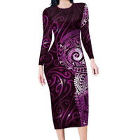 Matariki New Zealand Maori Koru Art Tattoo Family Matching Long Sleeve Bodycon Dress and Hawaiian Shirt New Year Galaxy Pink Sky Style LT03 Mom's Dress Pink - Polynesian Pride