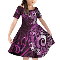 Matariki New Zealand Maori Koru Art Tattoo Family Matching Off Shoulder Short Dress and Hawaiian Shirt New Year Galaxy Pink Sky Style LT03 Daughter's Dress Pink - Polynesian Pride