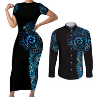 New Zealand Maori Koru Art Traditional Tattoo Couples Matching Short Sleeve Bodycon Dress and Long Sleeve Button Shirt Paua Shell LT03 Black - Polynesian Pride