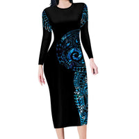 New Zealand Maori Koru Art Traditional Tattoo Long Sleeve Bodycon Dress Paua Shell LT03 Long Dress Black - Polynesian Pride