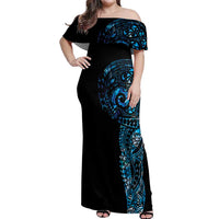 New Zealand Maori Koru Art Traditional Tattoo Off Shoulder Maxi Dress Paua Shell LT03 Women Black - Polynesian Pride