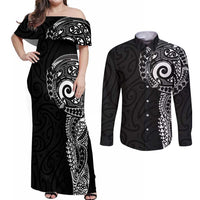 New Zealand Maori Koru Art Traditional Tattoo Couples Matching Off Shoulder Maxi Dress and Long Sleeve Button Shirt Simple Style LT03 Black - Polynesian Pride