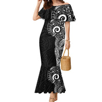 New Zealand Maori Koru Art Traditional Tattoo Family Matching Mermaid Dress and Hawaiian Shirt Simple Style LT03 Mom's Dress Black - Polynesian Pride
