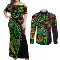 New Zealand Koru Plants and Pohutukawa Couples Matching Off Shoulder Maxi Dress and Long Sleeve Button Shirt Maori Tattoo Pattern LT03 Black - Polynesian Pride
