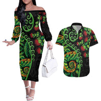 New Zealand Koru Plants and Pohutukawa Couples Matching Off The Shoulder Long Sleeve Dress and Hawaiian Shirt Maori Tattoo Pattern LT03 Black - Polynesian Pride
