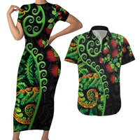 New Zealand Koru Plants and Pohutukawa Couples Matching Short Sleeve Bodycon Dress and Hawaiian Shirt Maori Tattoo Pattern LT03 Black - Polynesian Pride