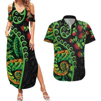 New Zealand Koru Plants and Pohutukawa Couples Matching Summer Maxi Dress and Hawaiian Shirt Maori Tattoo Pattern LT03 Black - Polynesian Pride