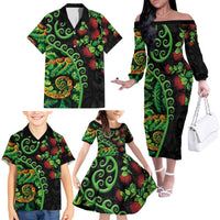 New Zealand Koru Plants and Pohutukawa Family Matching Off The Shoulder Long Sleeve Dress and Hawaiian Shirt Maori Tattoo Pattern LT03 - Polynesian Pride