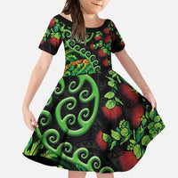 New Zealand Koru Plants and Pohutukawa Family Matching Off Shoulder Maxi Dress and Hawaiian Shirt Maori Tattoo Pattern LT03 Daughter's Dress Black - Polynesian Pride