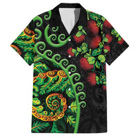 New Zealand Koru Plants and Pohutukawa Family Matching Off Shoulder Maxi Dress and Hawaiian Shirt Maori Tattoo Pattern LT03 Dad's Shirt - Short Sleeve Black - Polynesian Pride