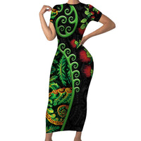 New Zealand Koru Plants and Pohutukawa Family Matching Short Sleeve Bodycon Dress and Hawaiian Shirt Maori Tattoo Pattern LT03 Mom's Dress Black - Polynesian Pride
