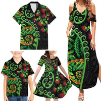 New Zealand Koru Plants and Pohutukawa Family Matching Summer Maxi Dress and Hawaiian Shirt Maori Tattoo Pattern LT03 - Polynesian Pride