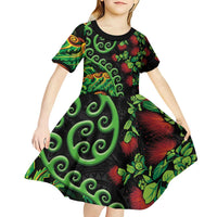 New Zealand Koru Plants and Pohutukawa Kid Short Sleeve Dress Maori Tattoo Pattern LT03 - Polynesian Pride