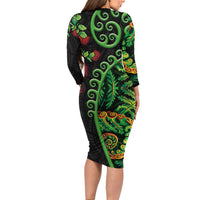 New Zealand Koru Plants and Pohutukawa Long Sleeve Bodycon Dress Maori Tattoo Pattern LT03 - Polynesian Pride