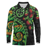 New Zealand Koru Plants and Pohutukawa Long Sleeve Polo Shirt Maori Tattoo Pattern LT03 Black - Polynesian Pride