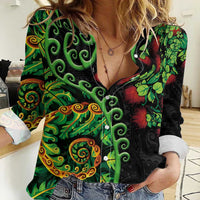 New Zealand Koru Plants and Pohutukawa Women Casual Shirt Maori Tattoo Pattern