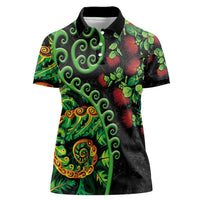 New Zealand Koru Plants and Pohutukawa Women Polo Shirt Maori Tattoo Pattern LT03 Female Black - Polynesian Pride