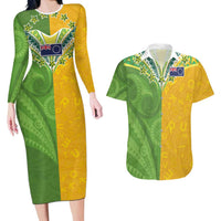 Cook Islands Language Week Couples Matching Long Sleeve Bodycon Dress and Hawaiian Shirt Tatau Pattern and Rarotongan Alphabet LT03 Green - Polynesian Pride