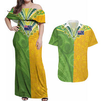 Cook Islands Language Week Couples Matching Off Shoulder Maxi Dress and Hawaiian Shirt Tatau Pattern and Rarotongan Alphabet LT03 Green - Polynesian Pride