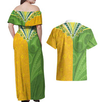 Cook Islands Language Week Couples Matching Off Shoulder Maxi Dress and Hawaiian Shirt Tatau Pattern and Rarotongan Alphabet LT03 - Polynesian Pride