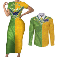 Cook Islands Language Week Couples Matching Short Sleeve Bodycon Dress and Long Sleeve Button Shirt Tatau Pattern and Rarotongan Alphabet LT03 Green - Polynesian Pride