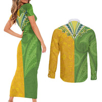 Cook Islands Language Week Couples Matching Short Sleeve Bodycon Dress and Long Sleeve Button Shirt Tatau Pattern and Rarotongan Alphabet LT03 - Polynesian Pride