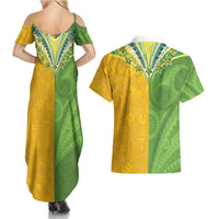Cook Islands Language Week Couples Matching Summer Maxi Dress and Hawaiian Shirt Tatau Pattern and Rarotongan Alphabet LT03 - Polynesian Pride