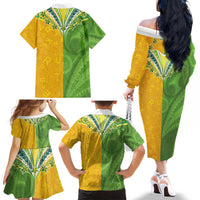 Cook Islands Language Week Family Matching Off The Shoulder Long Sleeve Dress and Hawaiian Shirt Tatau Pattern and Rarotongan Alphabet LT03 - Polynesian Pride