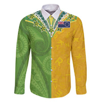 Cook Islands Language Week Family Matching Off The Shoulder Long Sleeve Dress and Hawaiian Shirt Tatau Pattern and Rarotongan Alphabet LT03 Dad's Shirt - Long Sleeve Green - Polynesian Pride