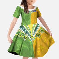 Cook Islands Language Week Family Matching Puletasi and Hawaiian Shirt Tatau Pattern and Rarotongan Alphabet LT03 Daughter's Dress Green - Polynesian Pride