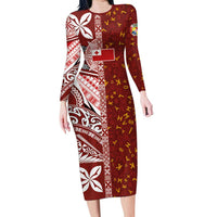 Tonga Language Week Family Matching Long Sleeve Bodycon Dress and Hawaiian Shirt Ngatu Pattern and Tongan Alphabet LT03 Mom's Dress Red - Polynesian Pride