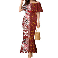 Tonga Language Week Family Matching Mermaid Dress and Hawaiian Shirt Ngatu Pattern and Tongan Alphabet LT03 Mom's Dress Red - Polynesian Pride